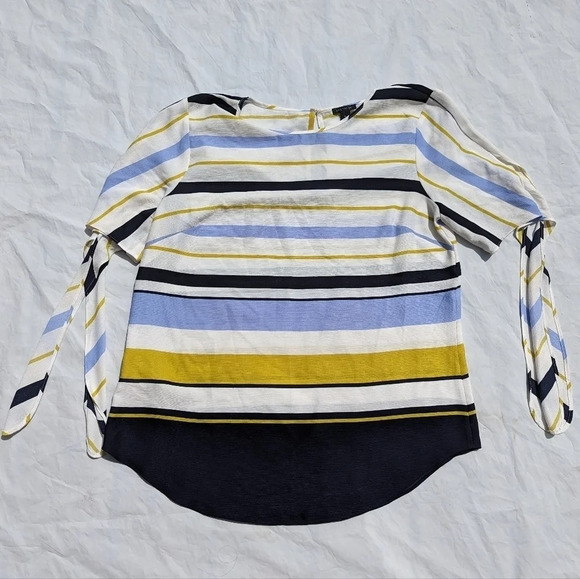 Ann Taylor Striped Tie Tee Shirt Style Blouse Blue/Mustard- Woman Medium - Picture 2 of 8